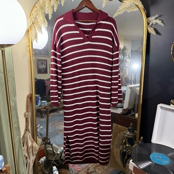 Merokeety Maroon and White Stripe Long Sleeve Sweater Dress with Collar - Picture 1 of 7